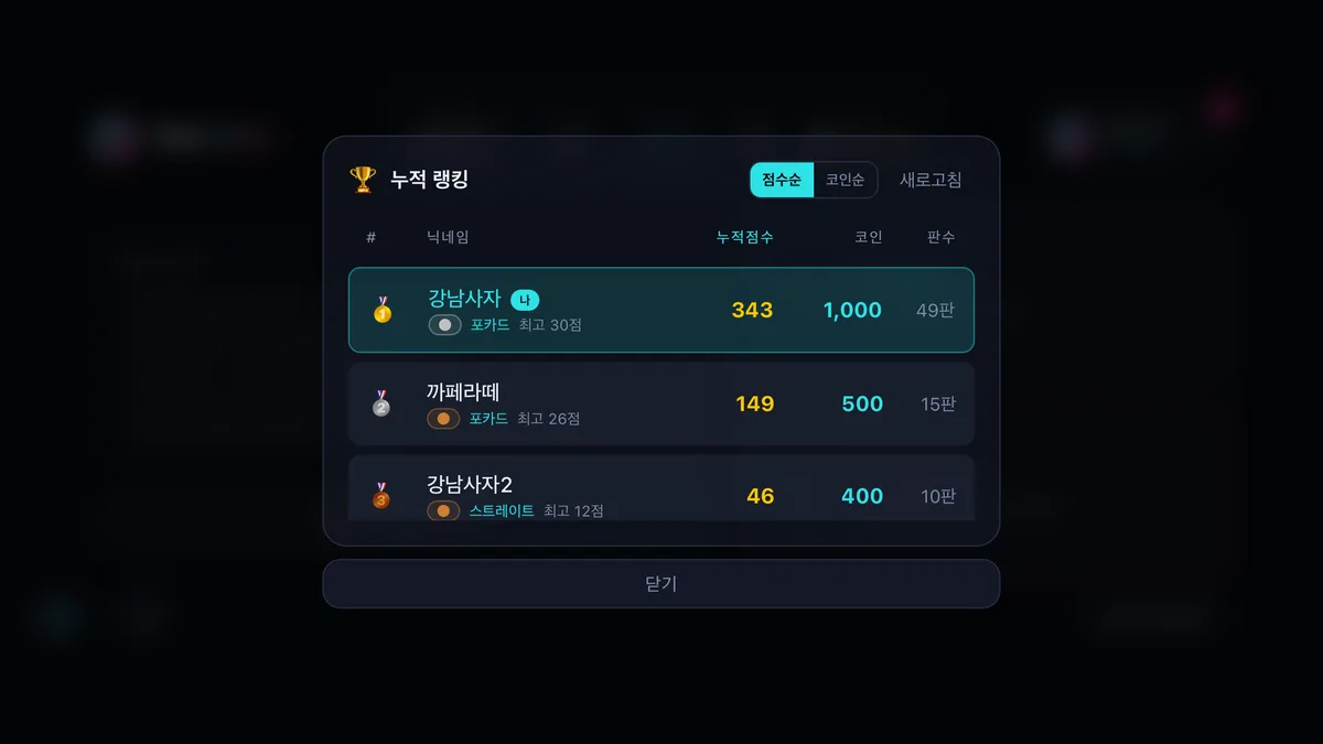랭킹보드 — 누적·오늘의 덱 순위 경쟁